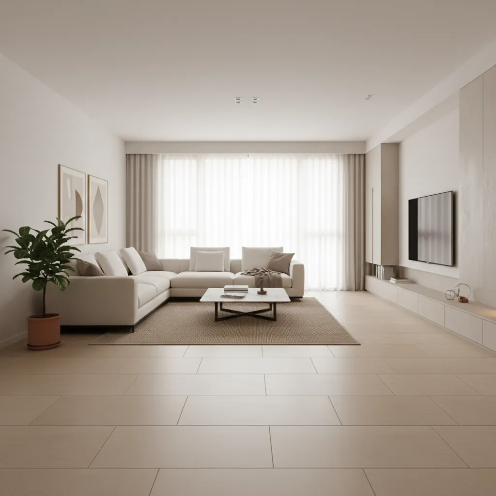 living room with large format porcelain floor tiles and minimal grout lines
