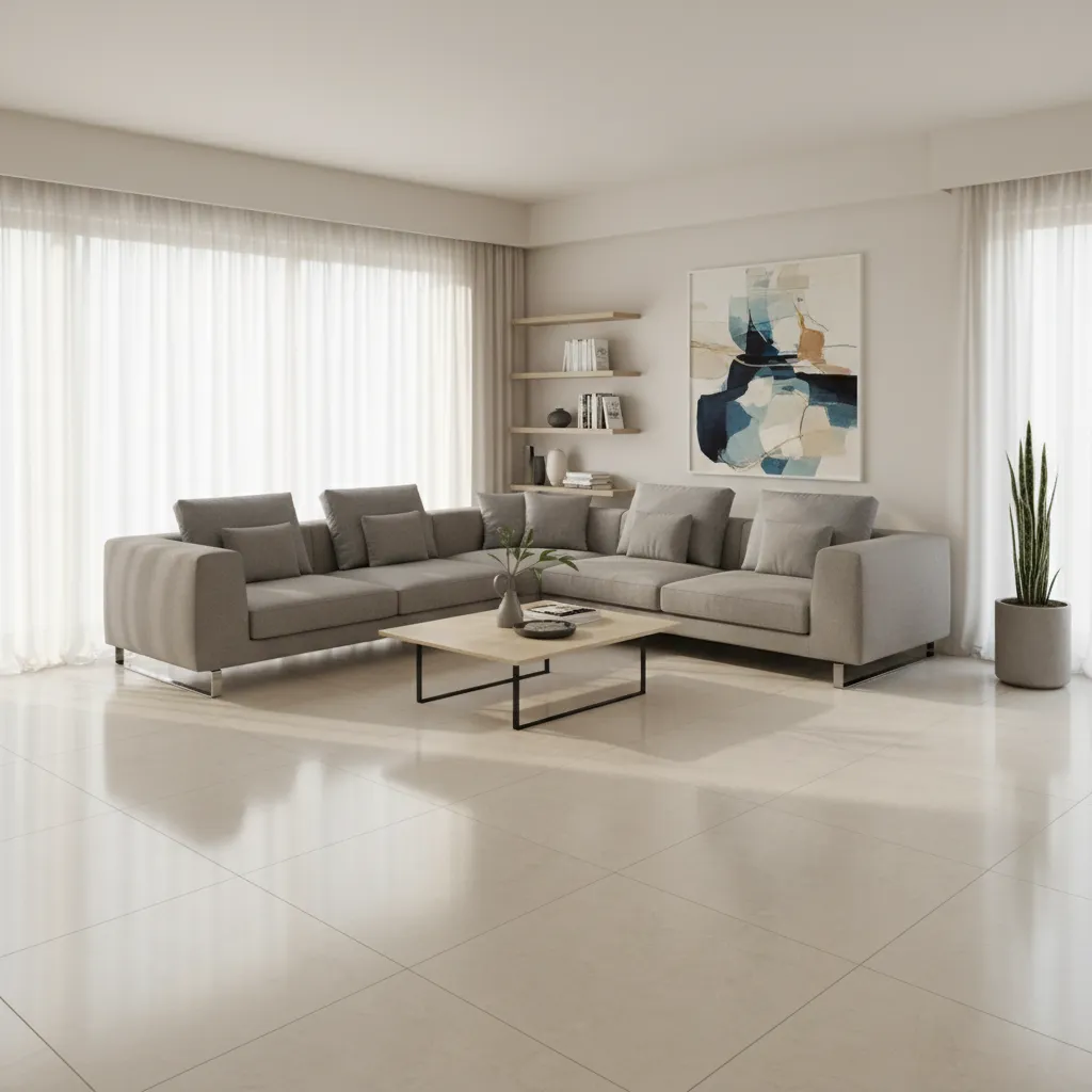 Indian living room with large format vitrified tiles and minimal furniture