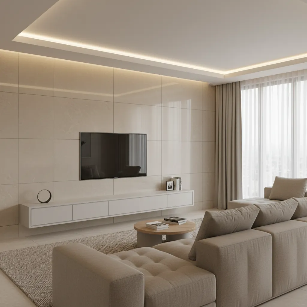 Large format porcelain tiles installed on a modern living room wall