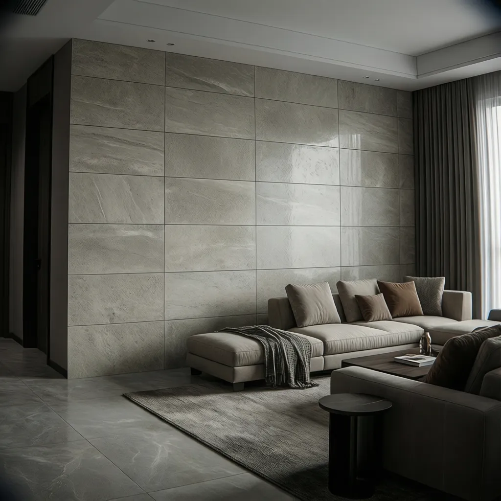 large format porcelain tiles used on living room accent wall