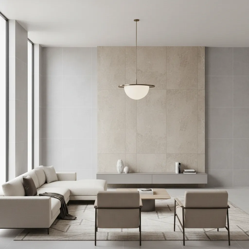Living room with large format porcelain wall tiles and minimalist furniture