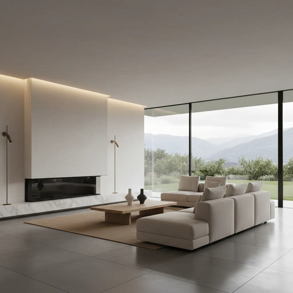Minimalist living room with beige sofa wooden table white fireplace large windows showing mountains trees