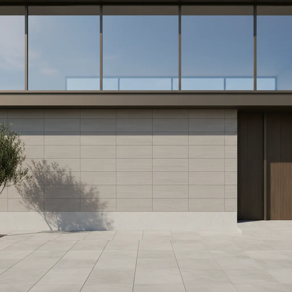 Large format porcelain tiles used on modern home front wall facade