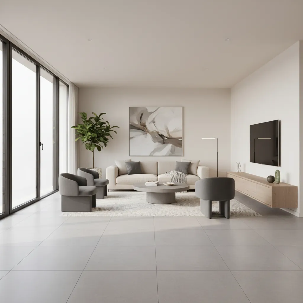 Sala moderna con porcelanato de gran formato y diseño interior minimalista