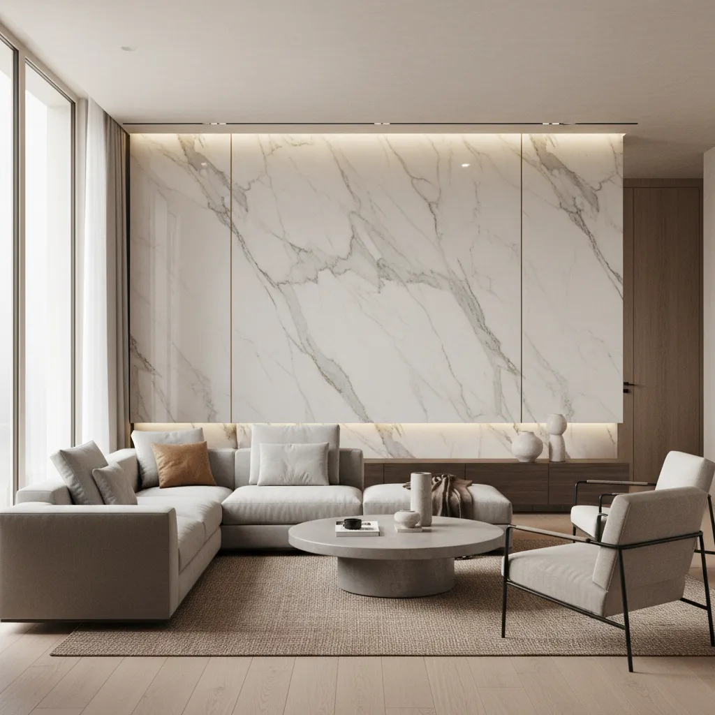 Large format stone look tiles used for a modern wall elevation design