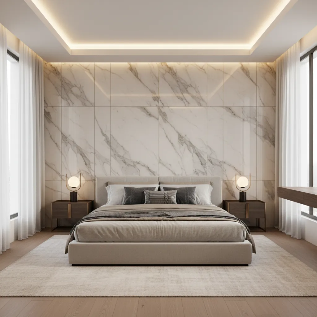 large format marble look tiles used on a bedroom accent wall
