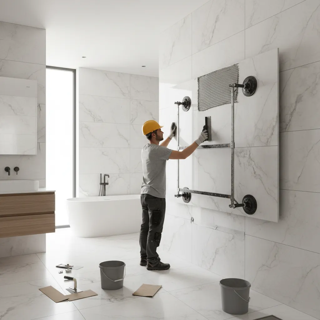 installing large format bathroom tiles with adhesive coverage