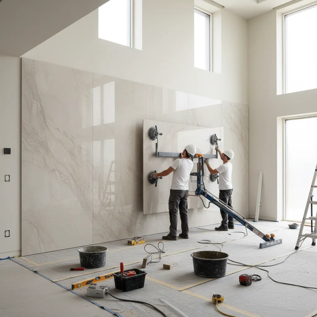Large format porcelain slab installation in modern contemporary interior