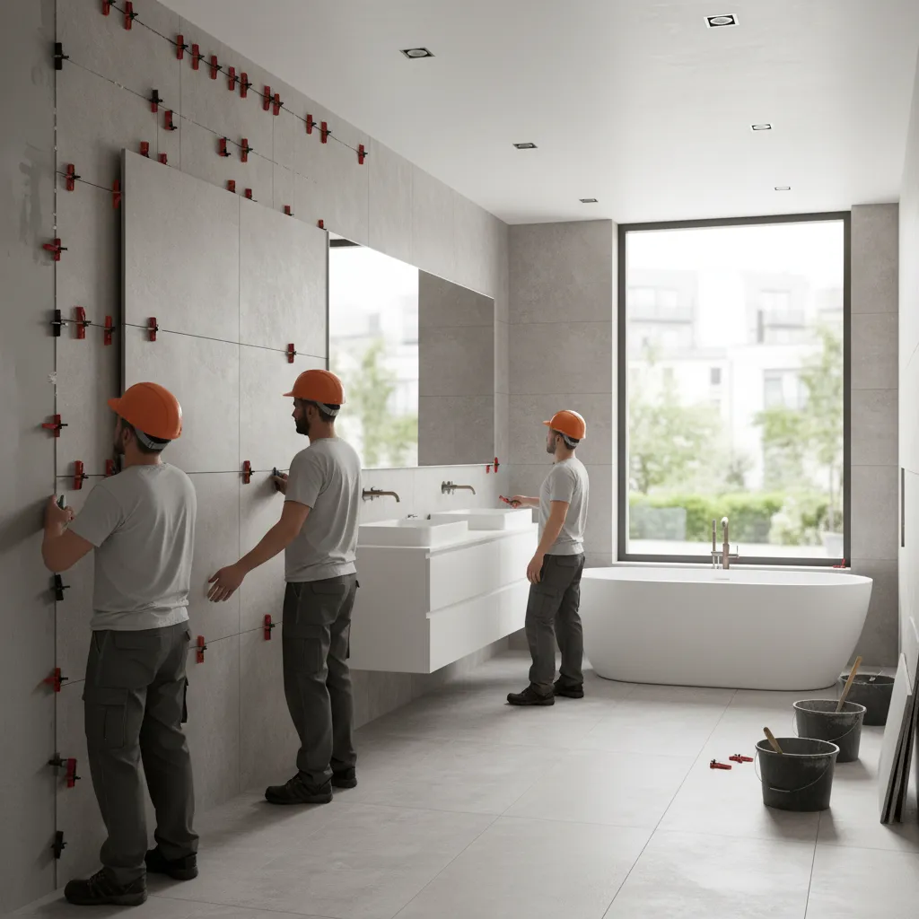 large format bathroom tiles installed with leveling clips to prevent air pockets