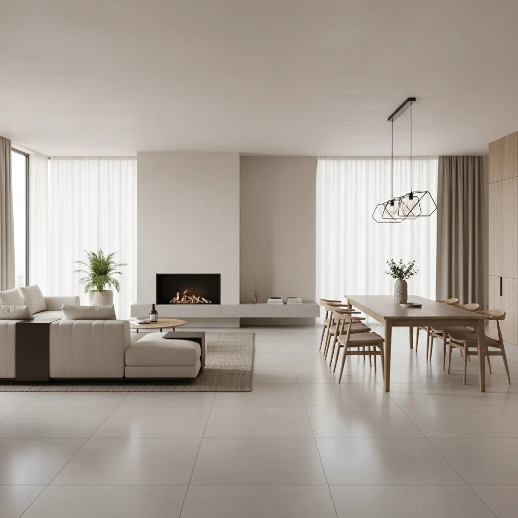 Large format floor tiles installed in modern open living space