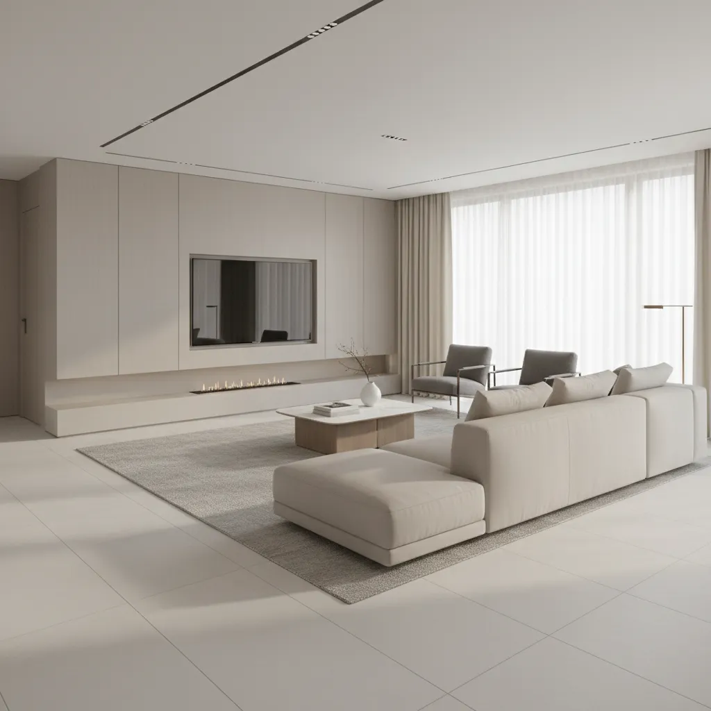 Living room floor with large format tiles emphasizing spacious layout