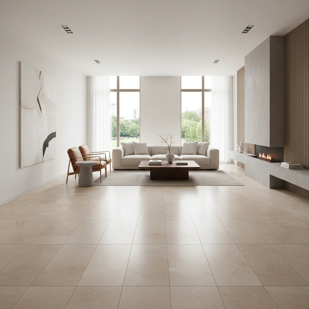 Large format tiles installed across a modern open living room floor