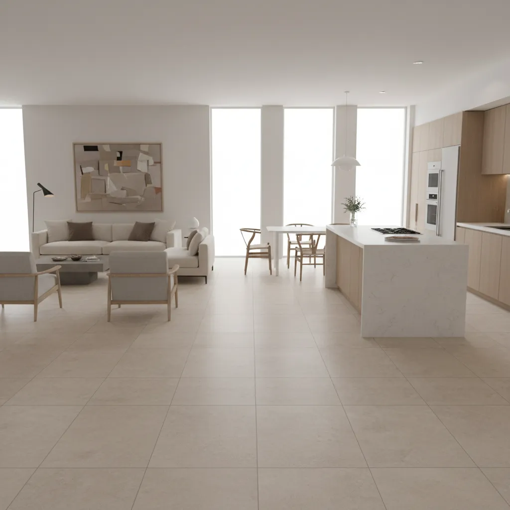 Large open living area with beige floor tiles dining table white kitchen island and light