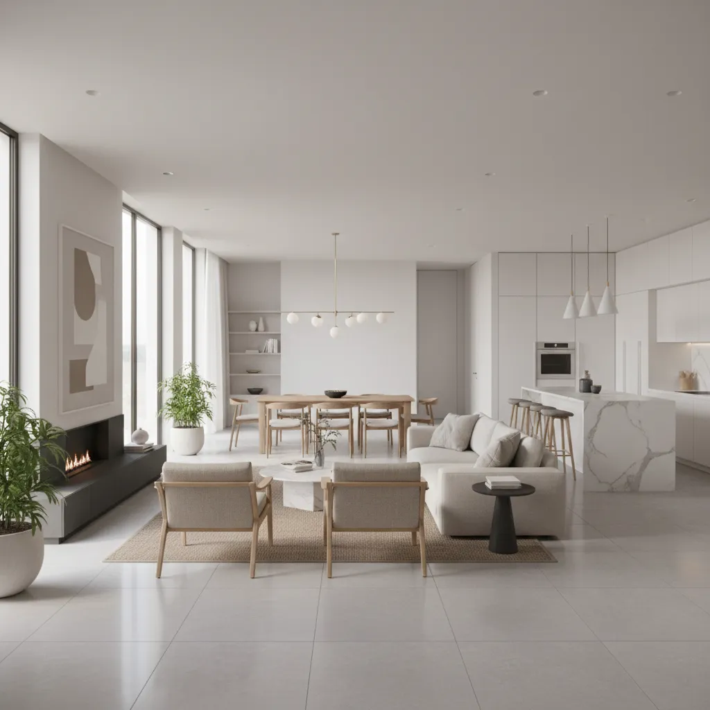 Large open living area with seamless large format tile flooring