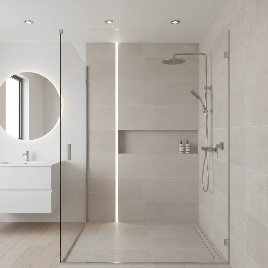 Shower wall with large format porcelain tiles and minimal grout lines