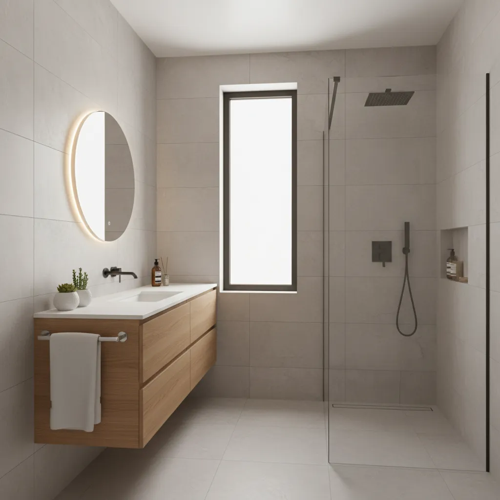 Small bathroom using large format tiles and floating vanity for spacious look