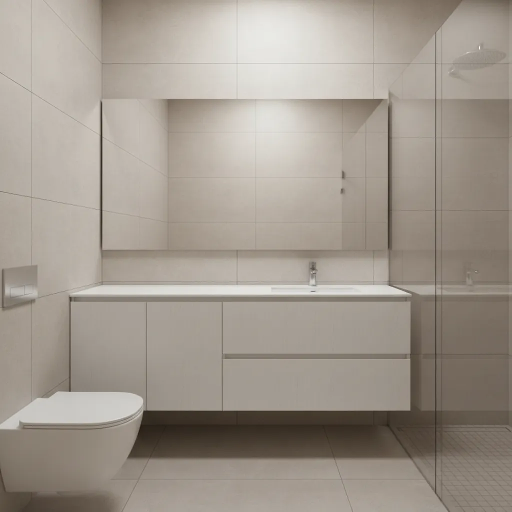 Small bathroom using large format wall tiles with minimal grout lines