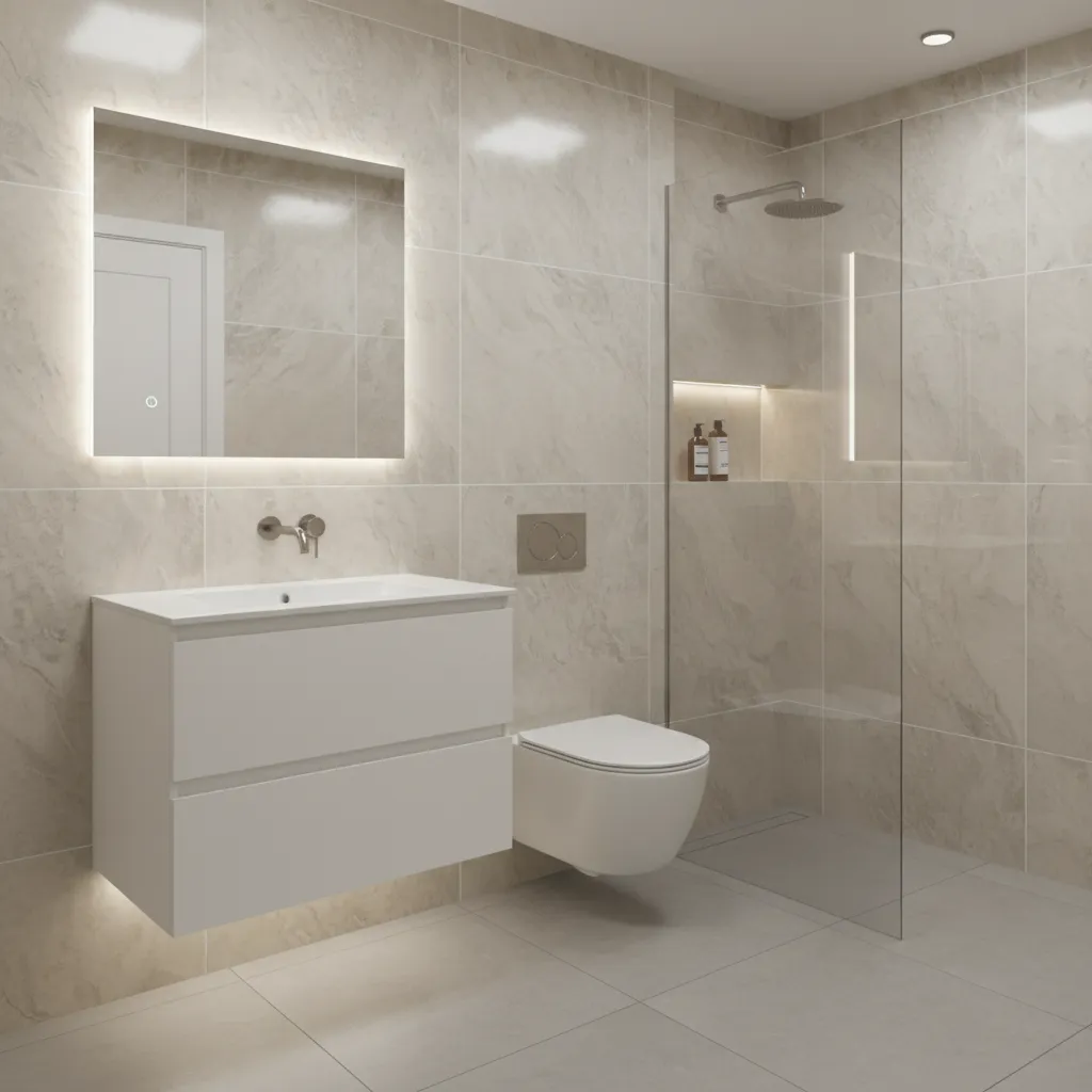 Large format tiles behind white vanity in small bathroom