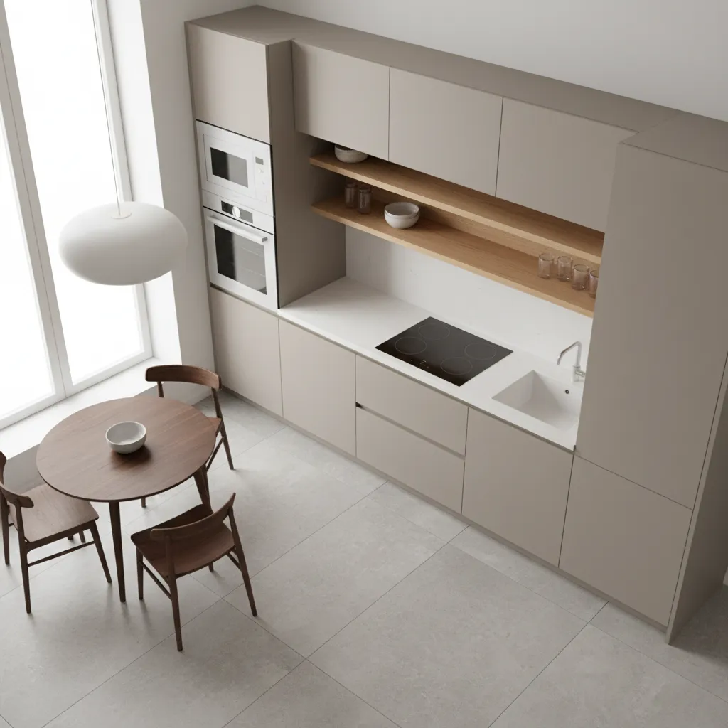 Large format light tiles installed in a compact kitchen floor to create spacious effect