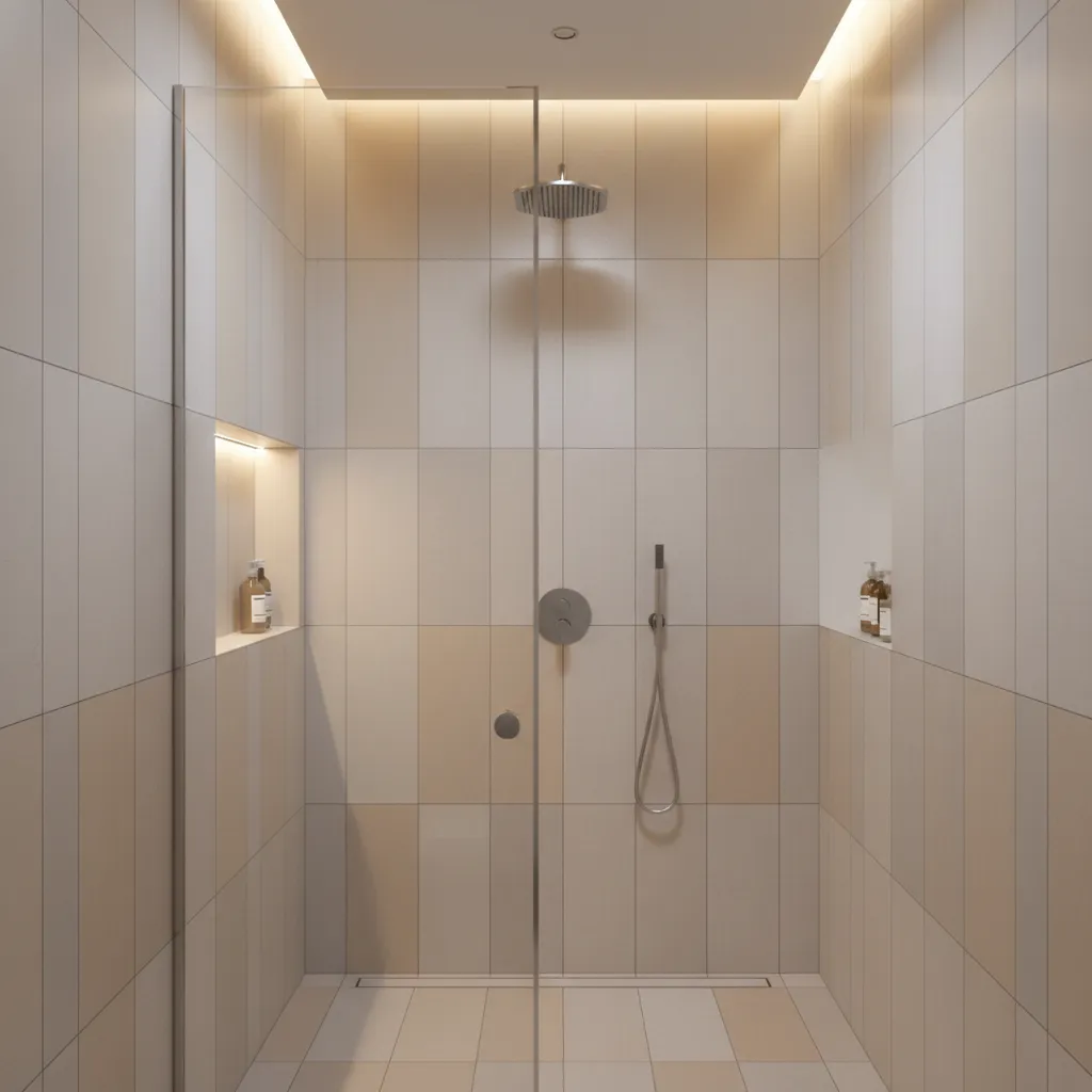 Small shower with large format wall tiles and minimal grout lines