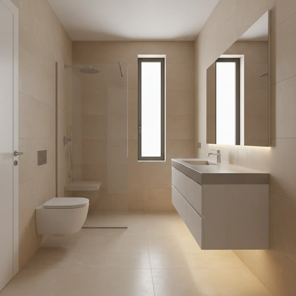 Small bathroom using large format porcelain tiles with minimal grout lines