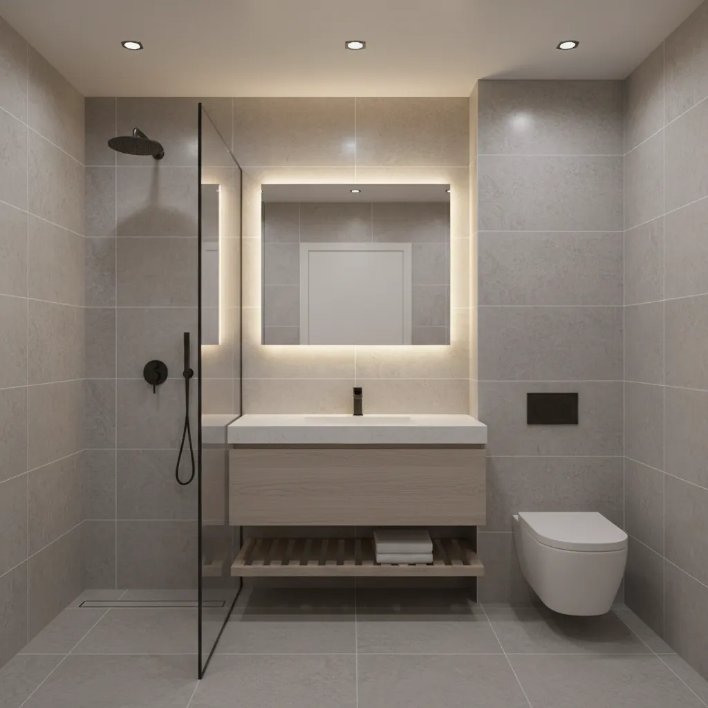 Small bathroom using large format floor and wall tiles