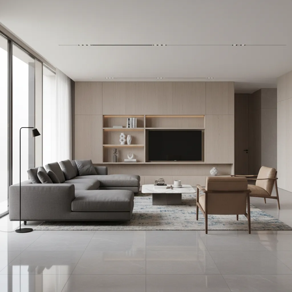 large format tiles installed in a small modern living room