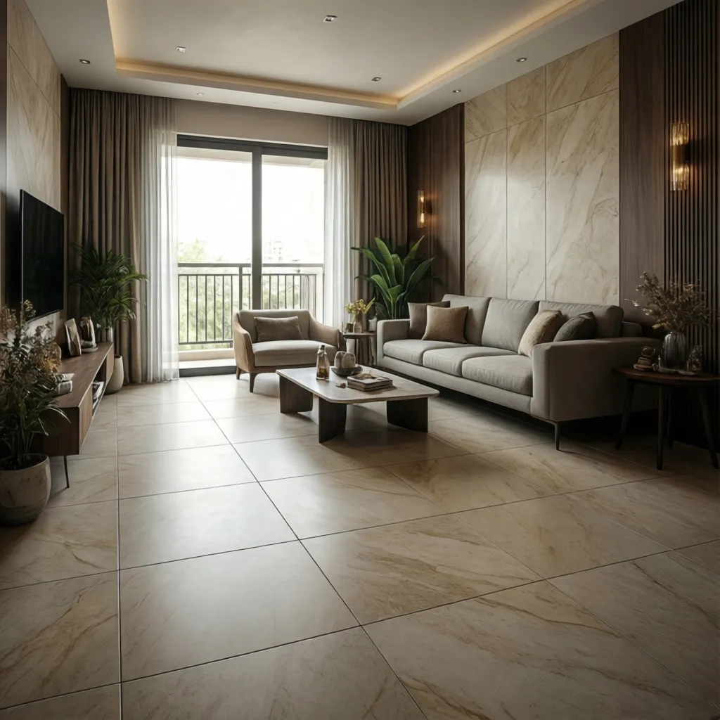 Large format vitrified tiles used in a bright Indian living room