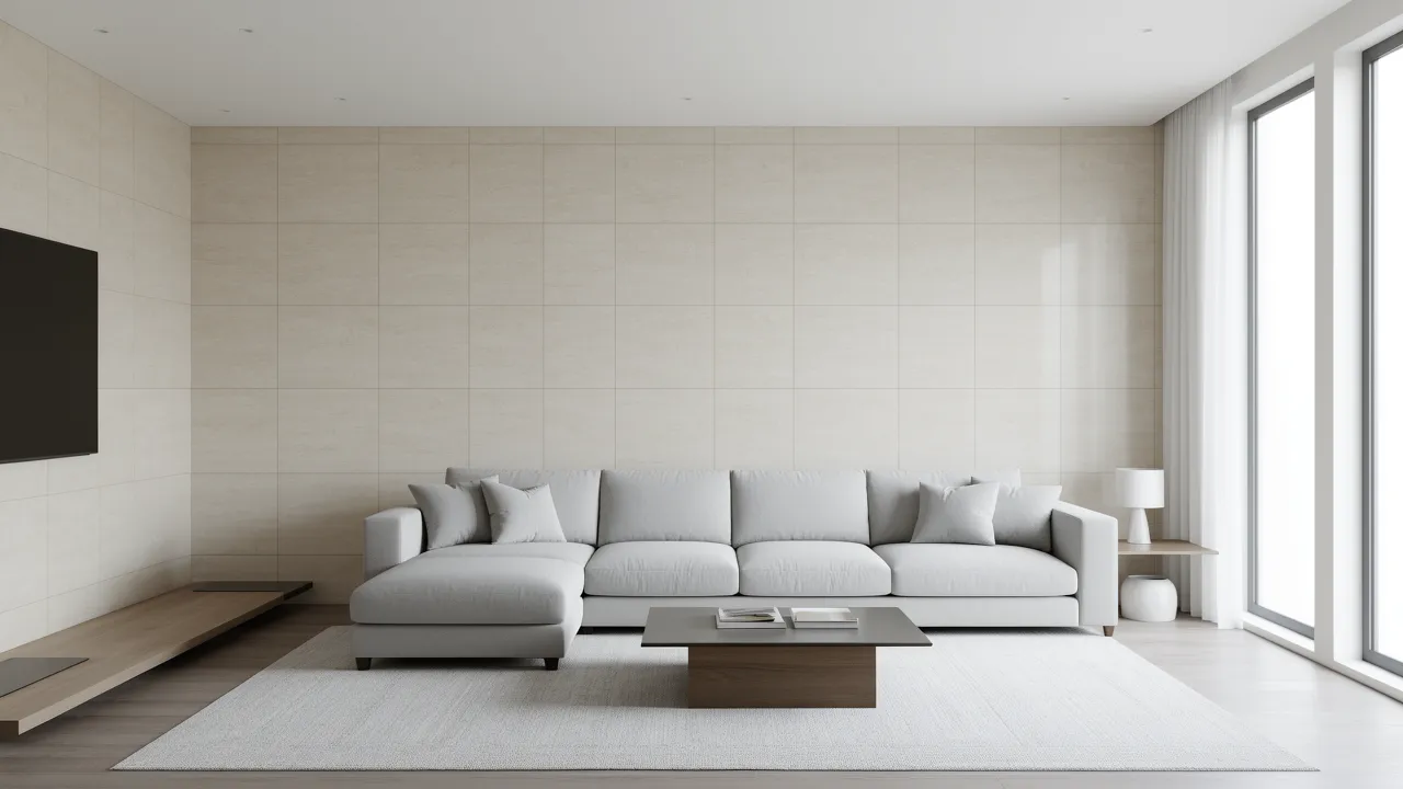 Large format wall tiles installed in a modern small living room