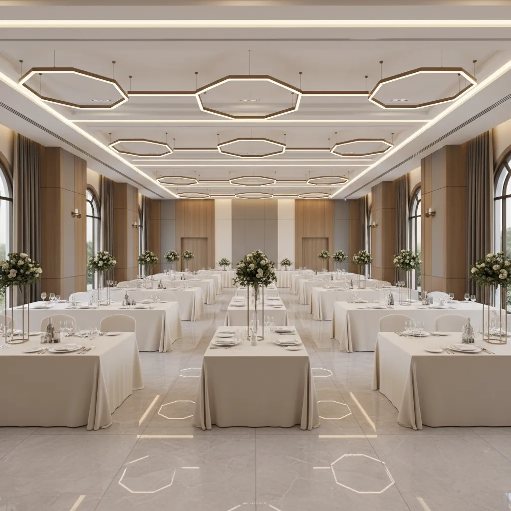 Large hall with hexagon ceiling lights dining tables with white tablecloths flowers and wall panels