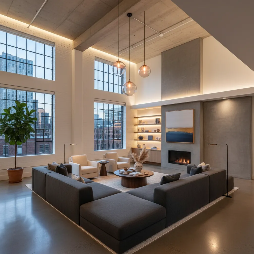 Sofá grande en sala amplia de loft con techo alto