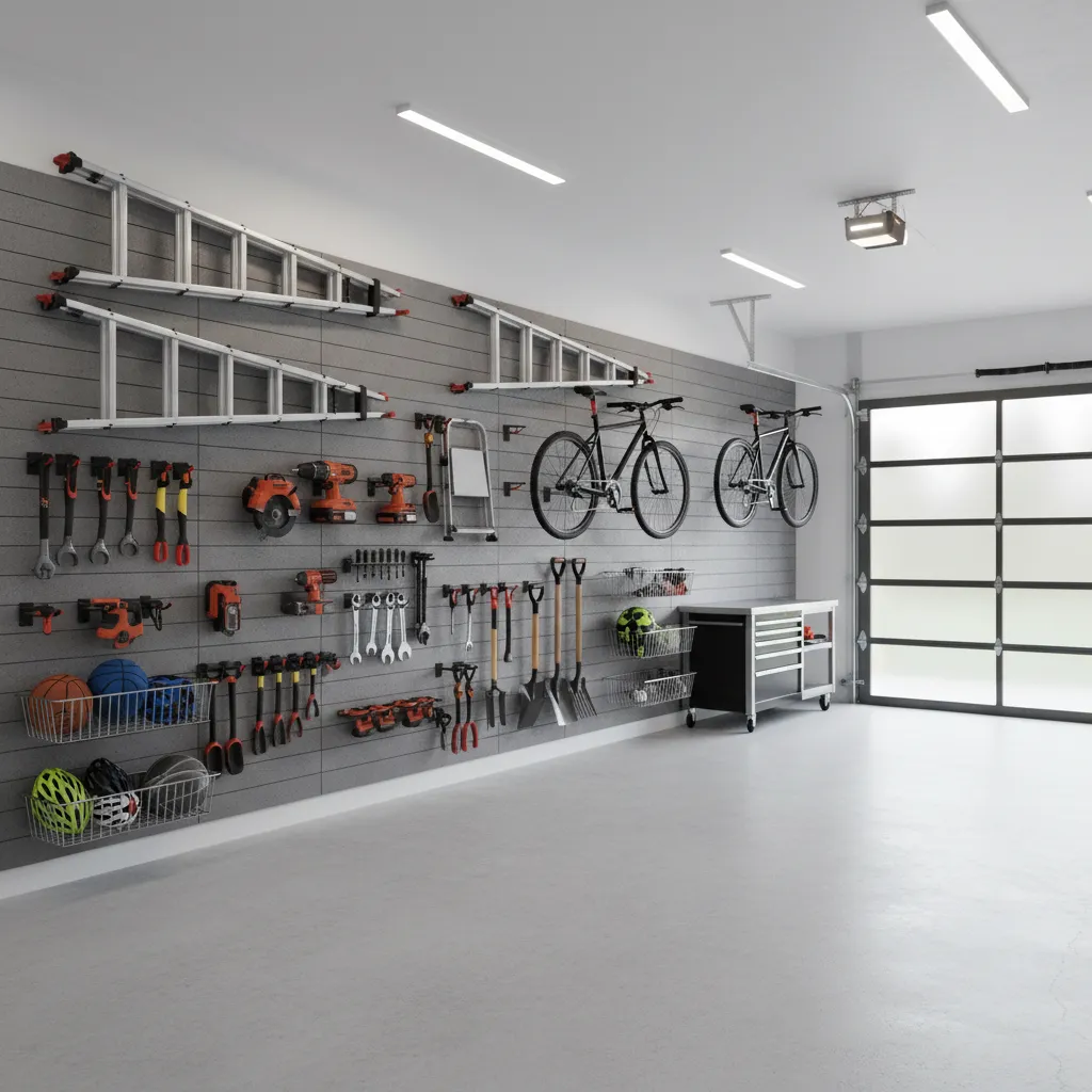 large garage with wall mounted storage system and organized tools