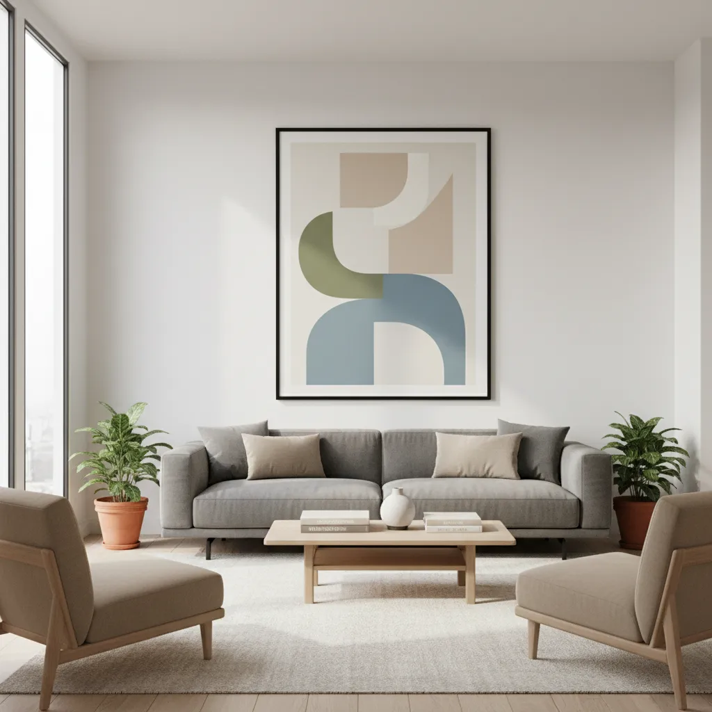 Salón con obra gráfica grande sobre el sofá