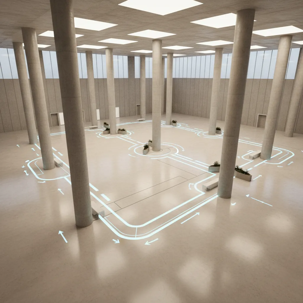event hall layout showing circulation paths around structural columns
