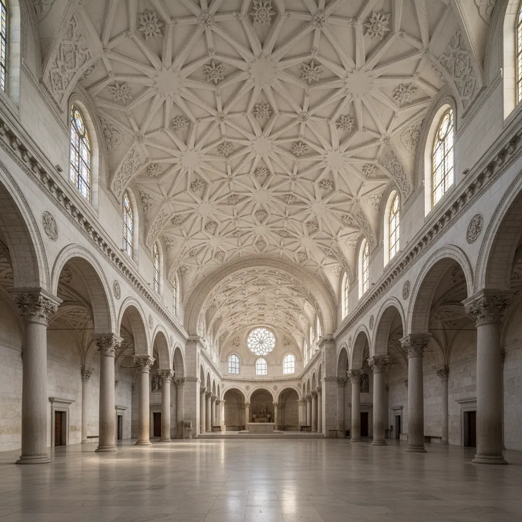 Large religious hall interior showing decorative POP ceiling patterns