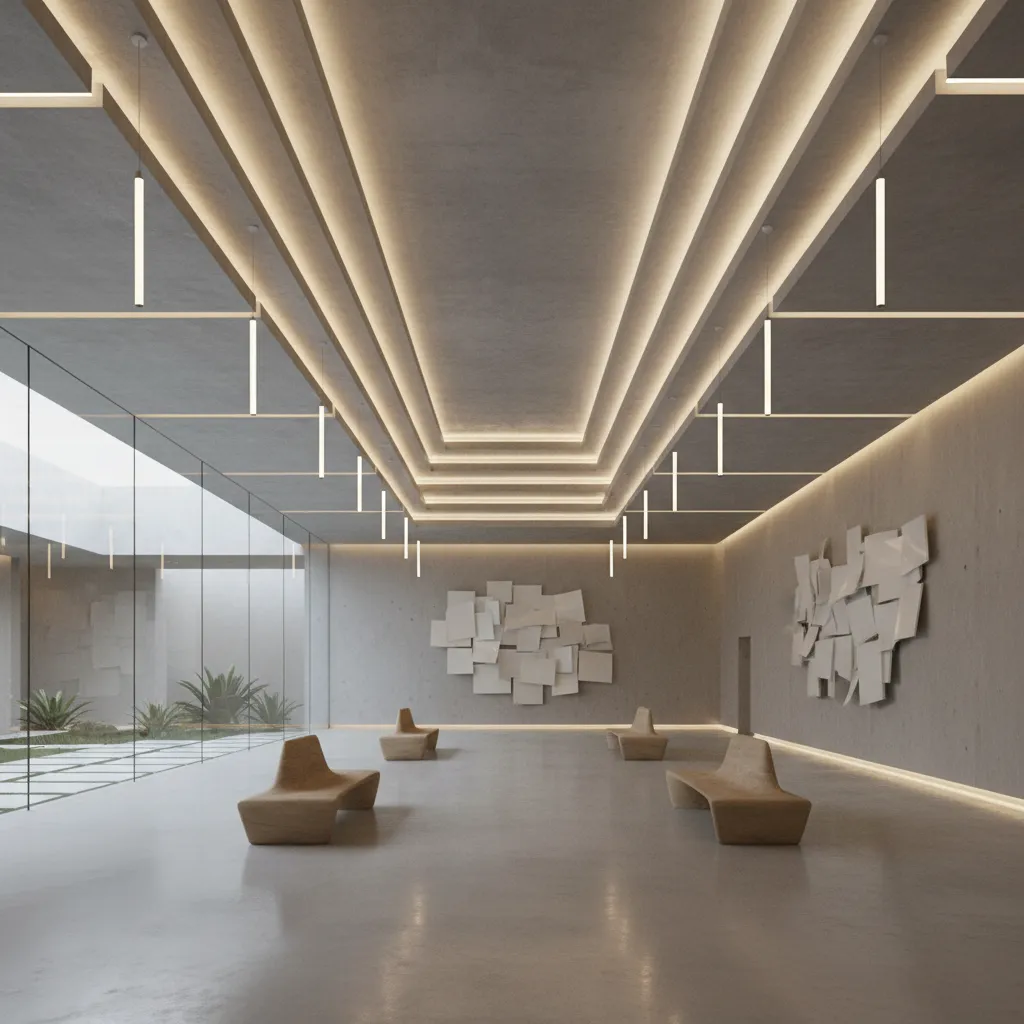 Large hall interior with multi-zone lighting integrated in slab ceiling