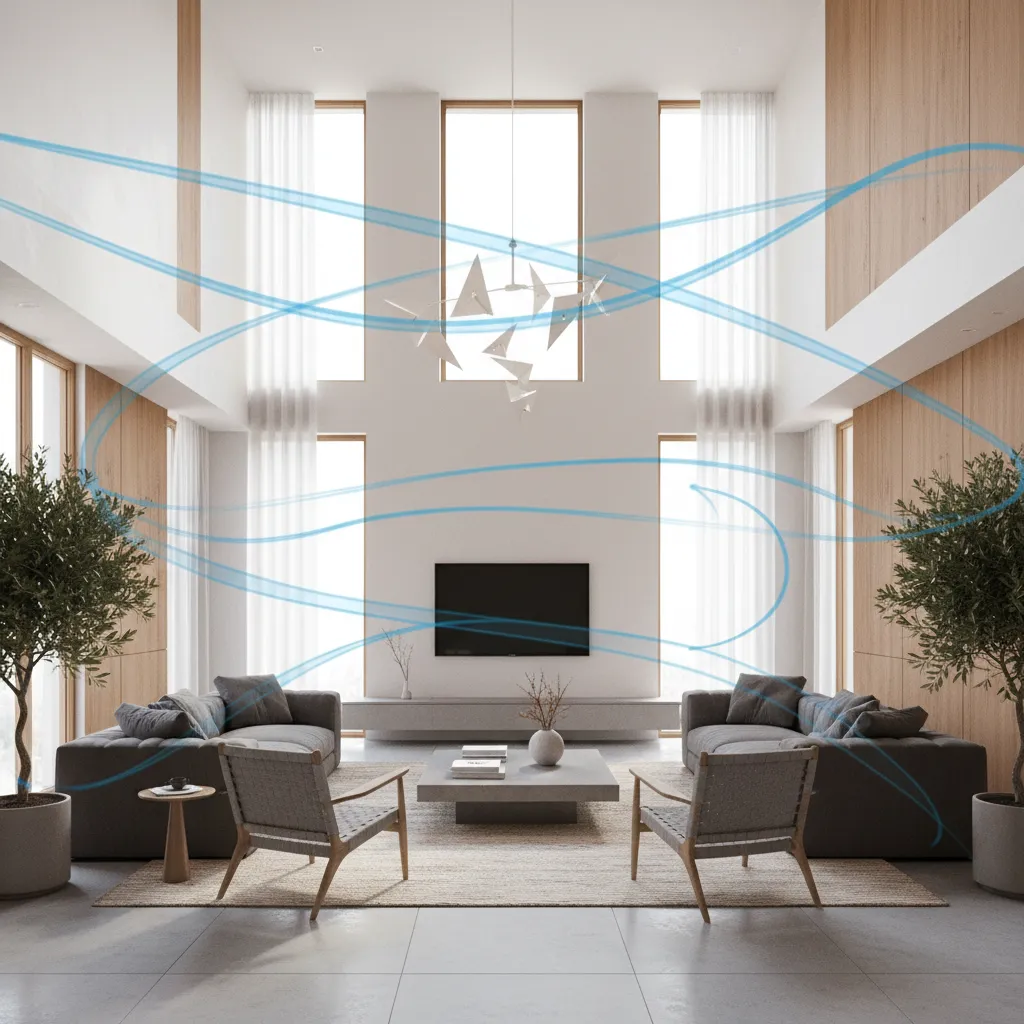 airflow visualization inside a large open living room showing cooling distribution