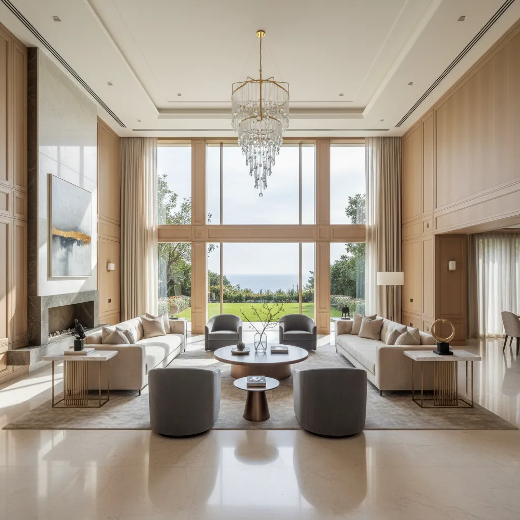 Expansive luxury living room emphasizing the large area that requires maintenance