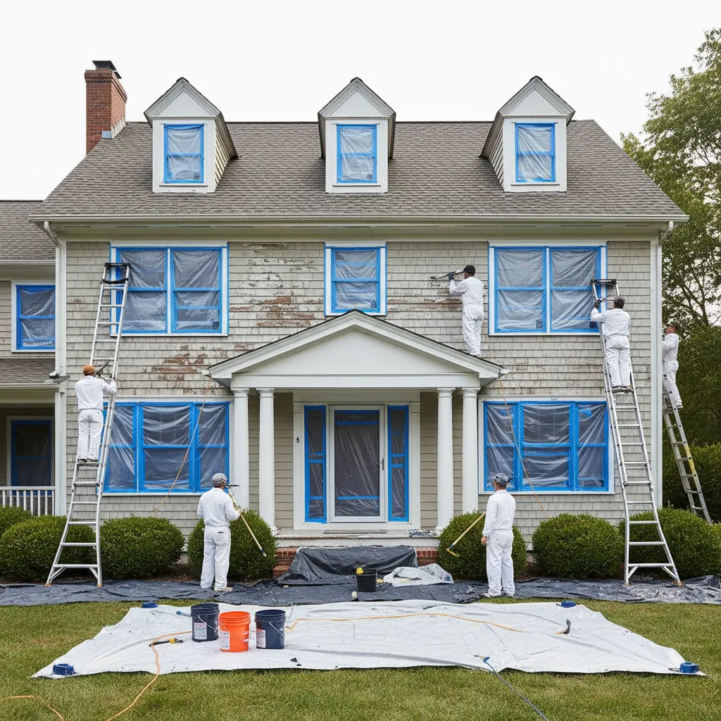 Large home exterior being prepared for painting with ladders and painters working