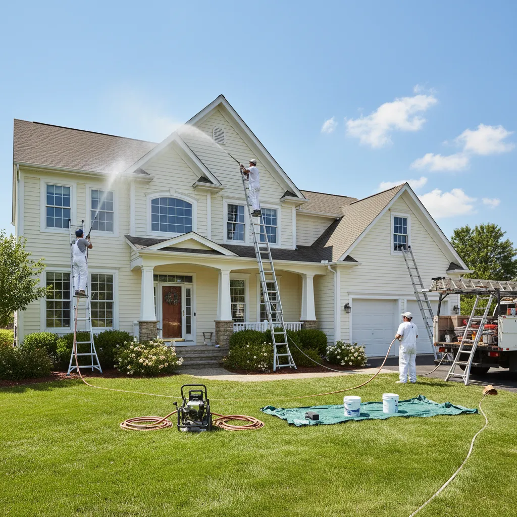 Large two story home exterior being pressure washed before painting