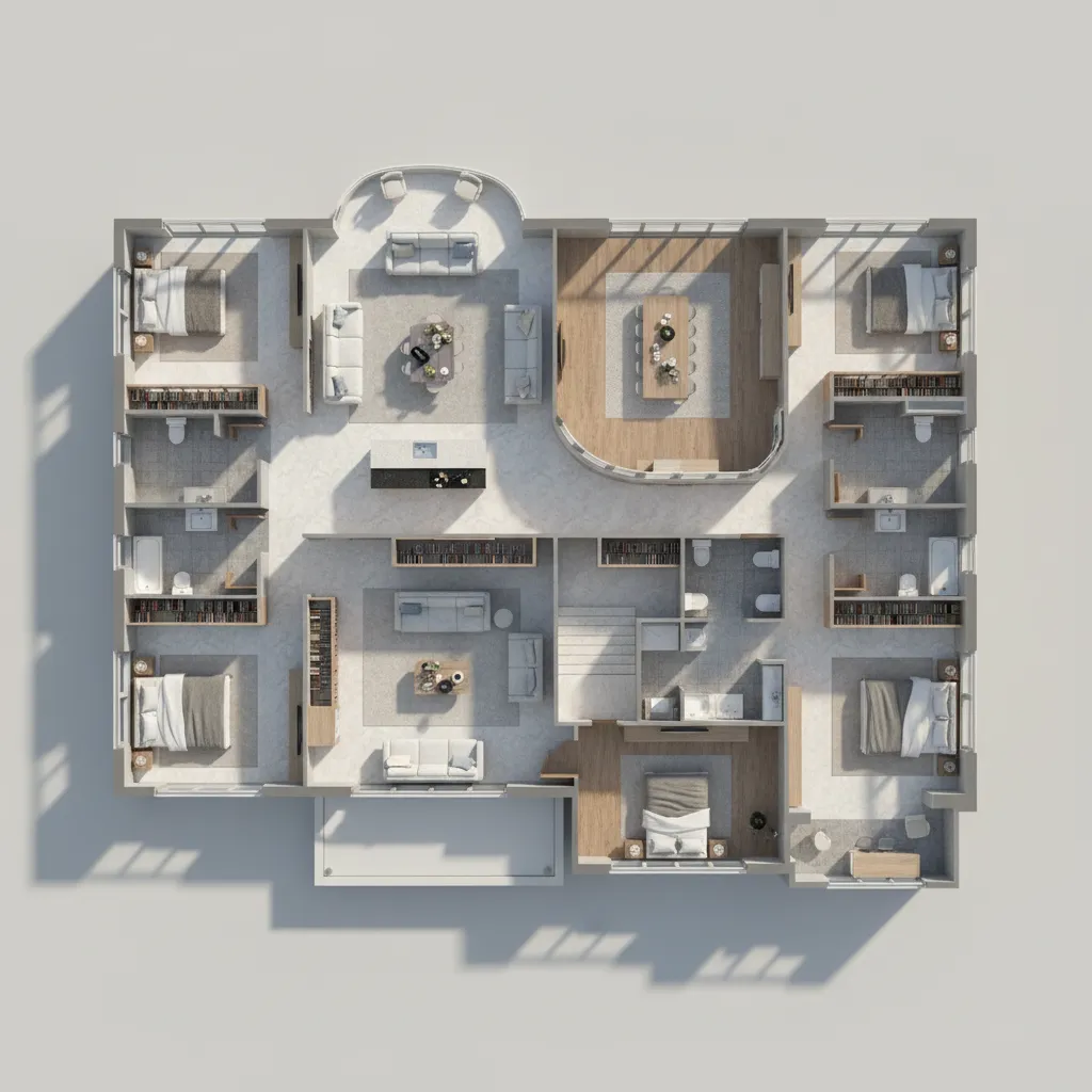 Architectural visualization of a large luxury home floor plan layout