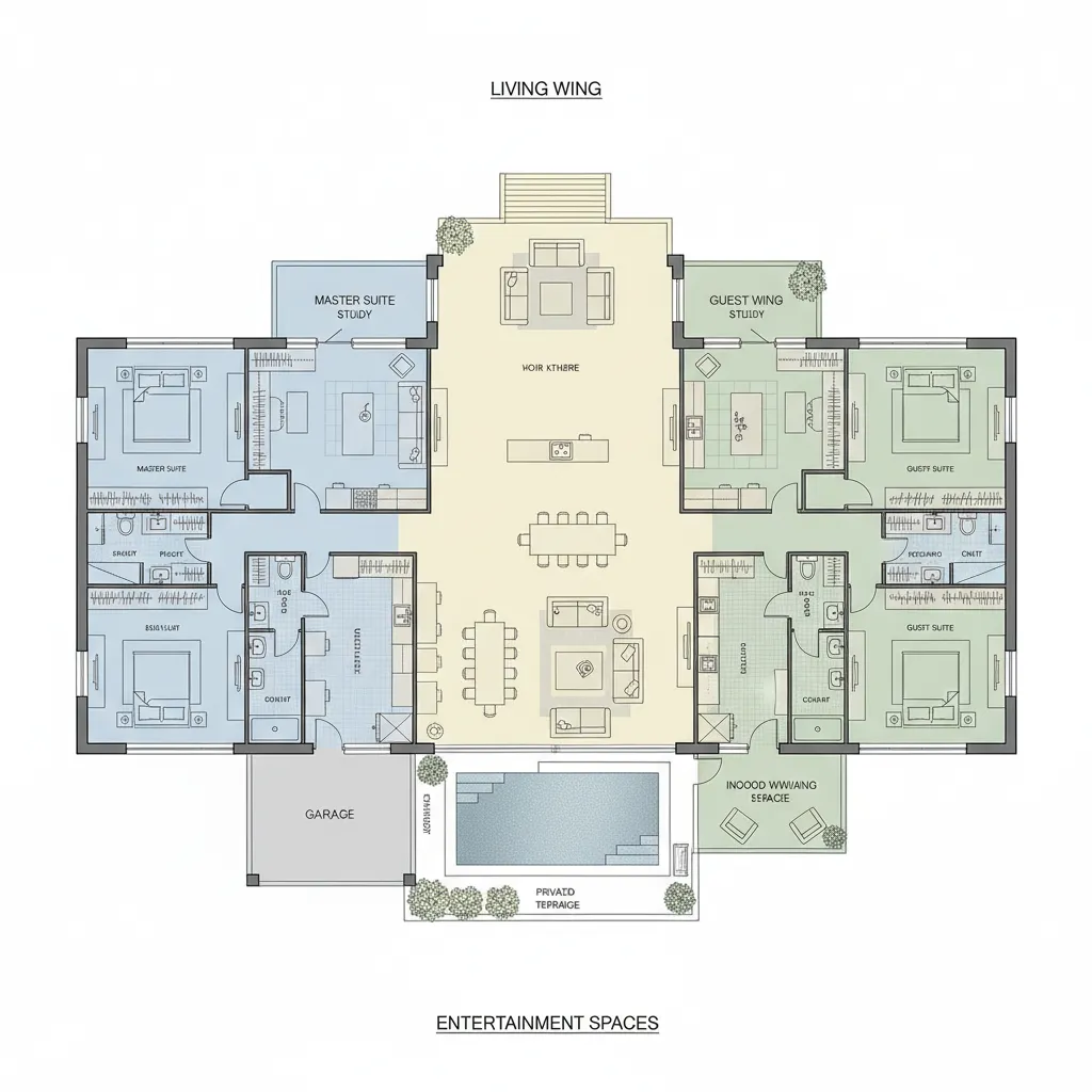 Architectural floor plan diagram showing zones in large luxury home