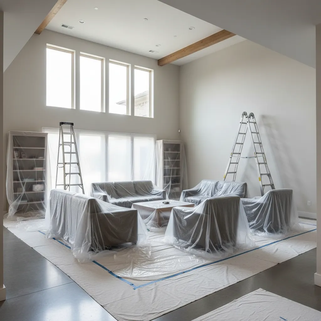 large house interior prepared for painting with covered furniture and ladders