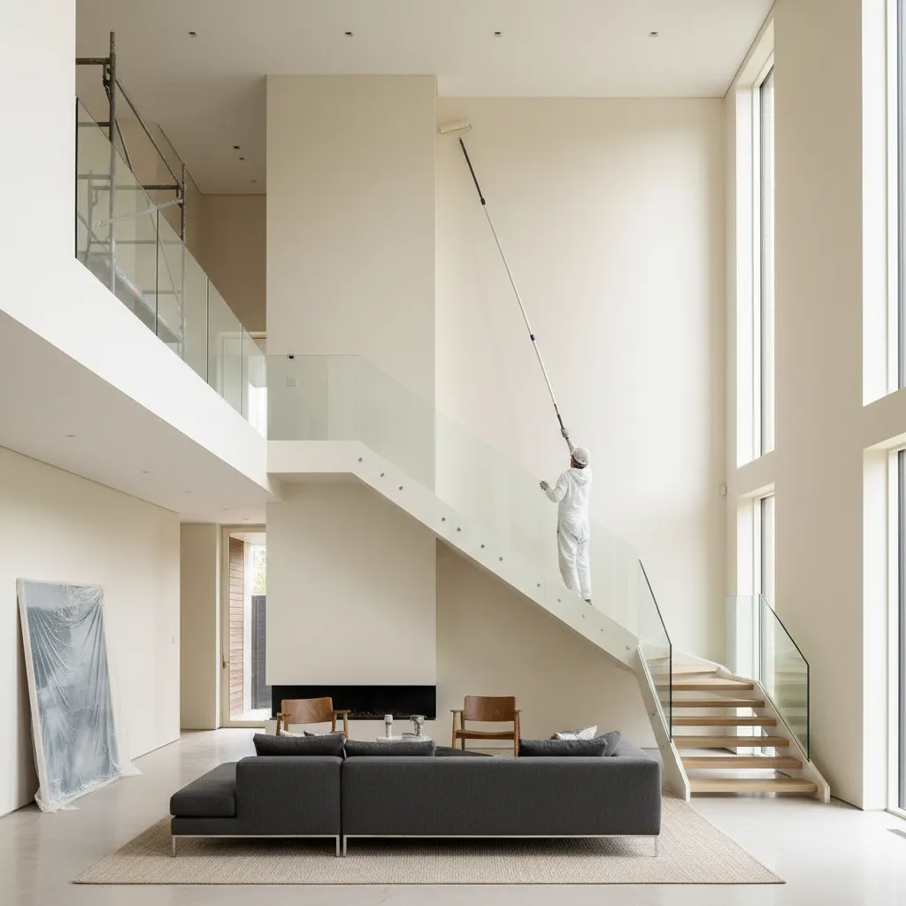 Large residential interior with painter rolling fresh paint on tall wall