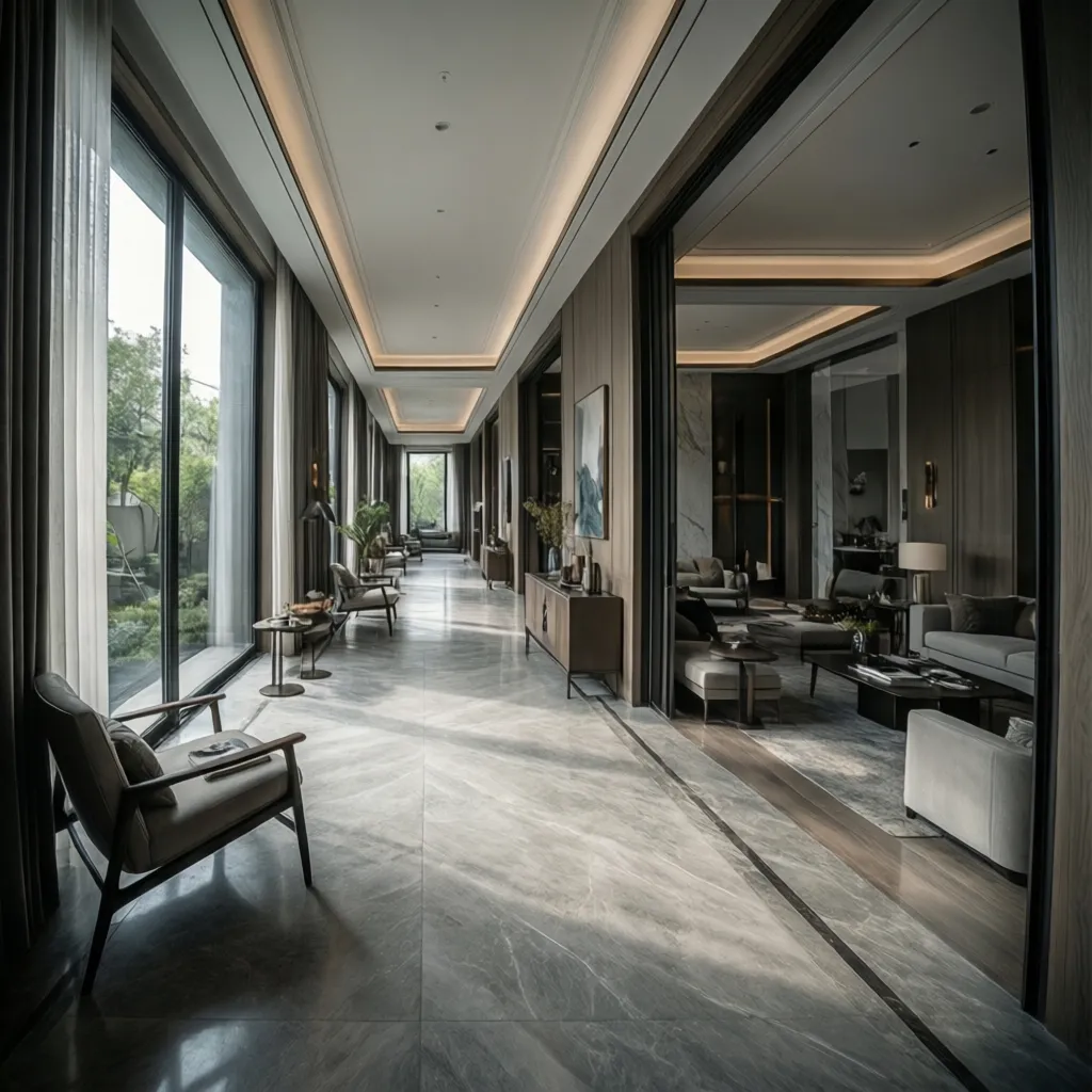 Long corridor inside a very large luxury home illustrating scale and distance between rooms