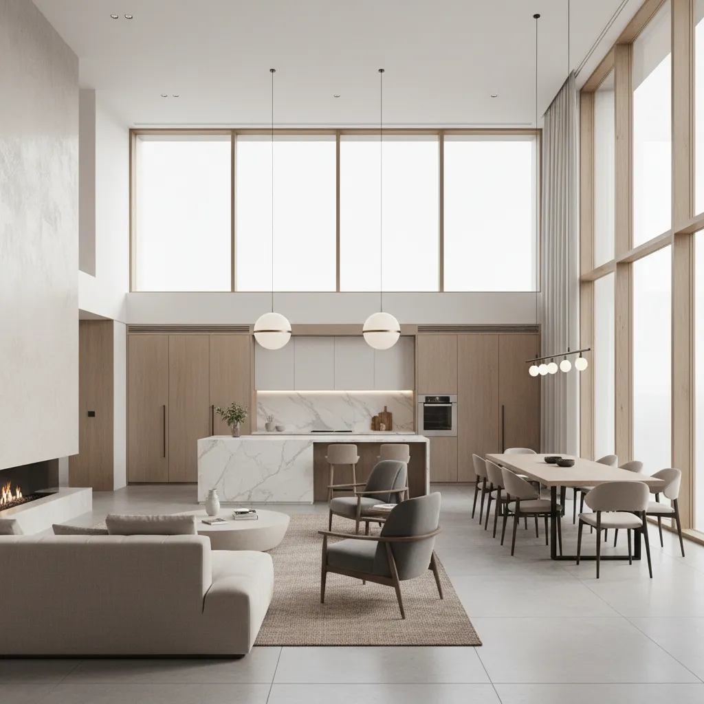 Open layout interior in a large luxury house with living room kitchen and dining connected