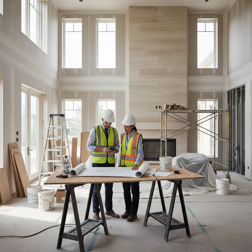 large residential renovation interior with designer reviewing construction progress