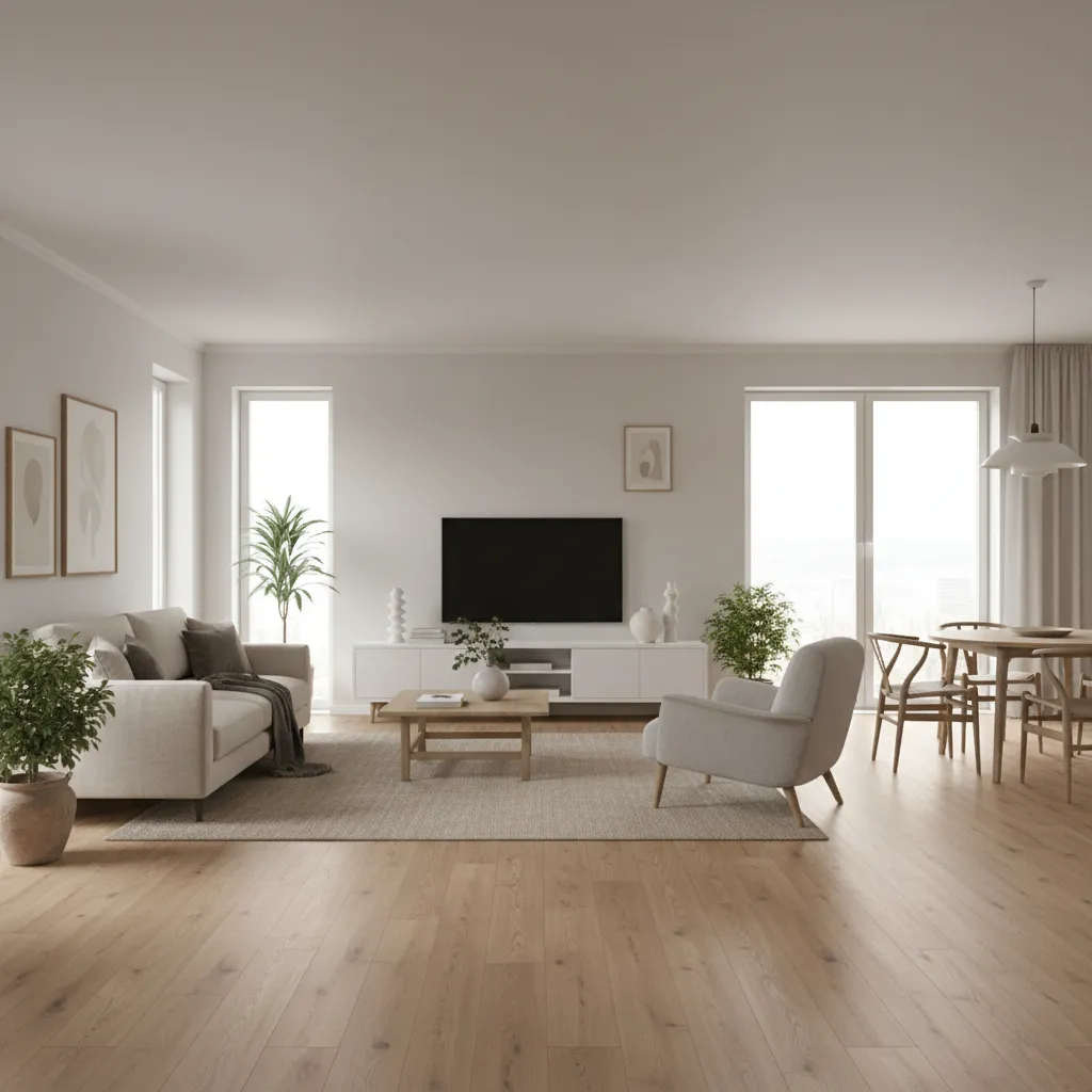 large living room with new vinyl plank flooring installed across open floor plan