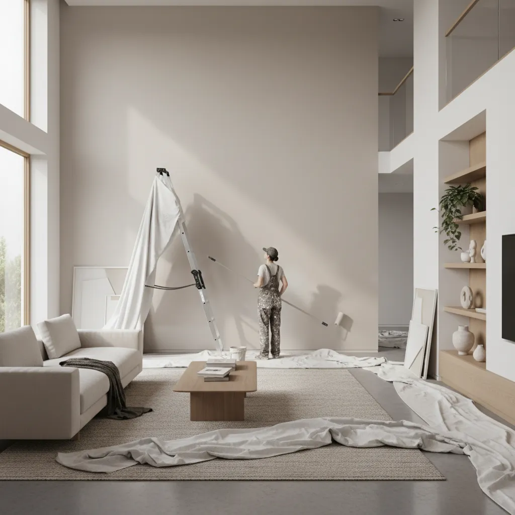 Painter working on large living room walls in a spacious home