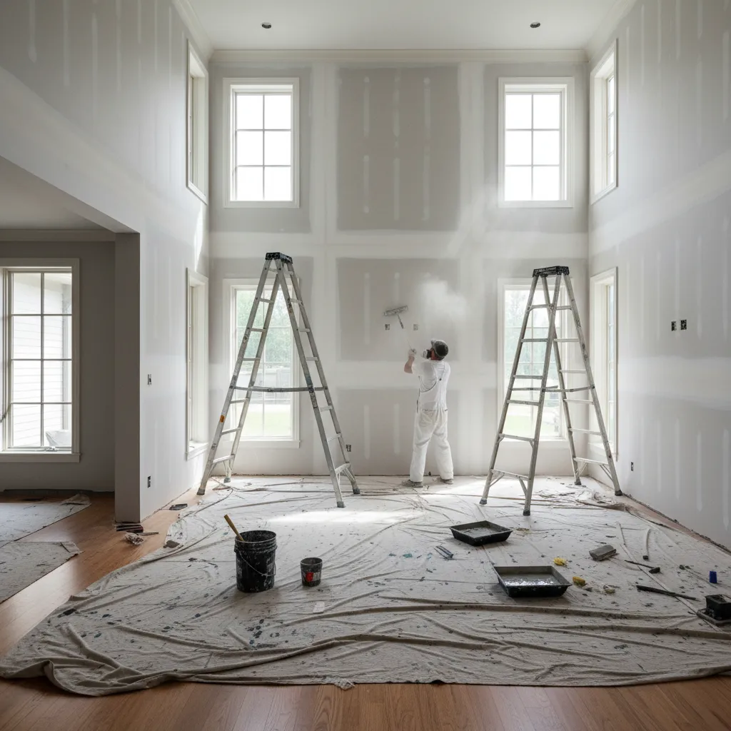 Interior wall preparation in a large house before painting begins